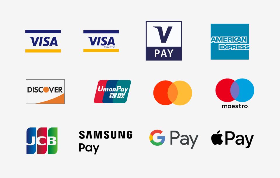 Wir akzeptieren: Visa, Mastercard, AMEX, EC-Karten, Maestro, Apple Pay, Google Pay und Samsung Pay